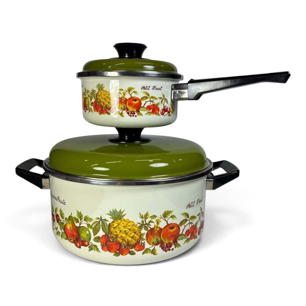 Wilshire House Spain Petit Fruit Enamelware Cookware Set Green White Vintage